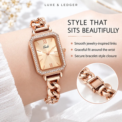 A rose gold women's watch with a rectangular crystal-embellished bezel and a thick chain bracelet, shown worn on a wrist. The watch dial is a soft champagne beige with Roman numerals.