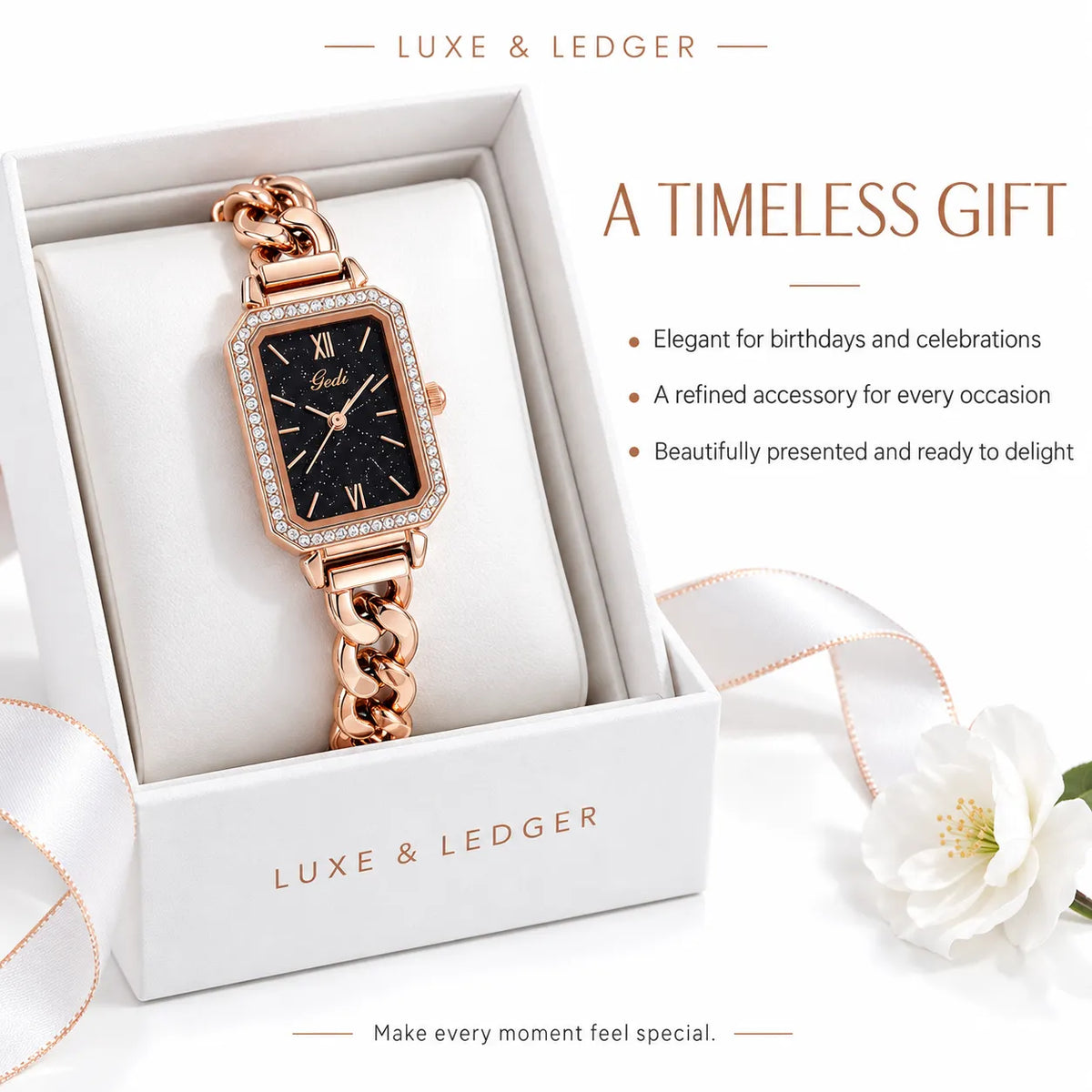A rose gold rectangular watch with a rhinestone bezel and chain strap, presented in a white gift box. The watch features a black dial with Roman numerals and the brand name 'Gloriette'.