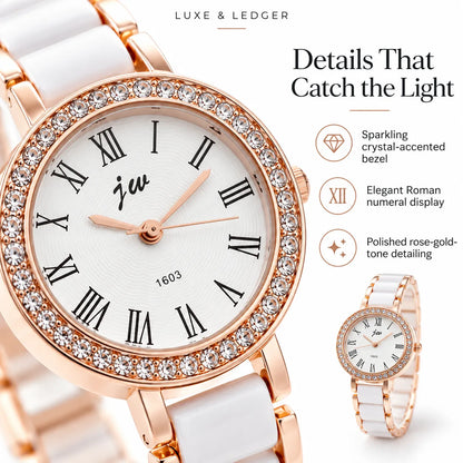 A luxury wristwatch with a white ceramic strap, rose gold case, and crystal-accented bezel, shown alongside marketing text highlighting its features. The watch dial is white with black Roman numerals and a 'juw' brand logo.