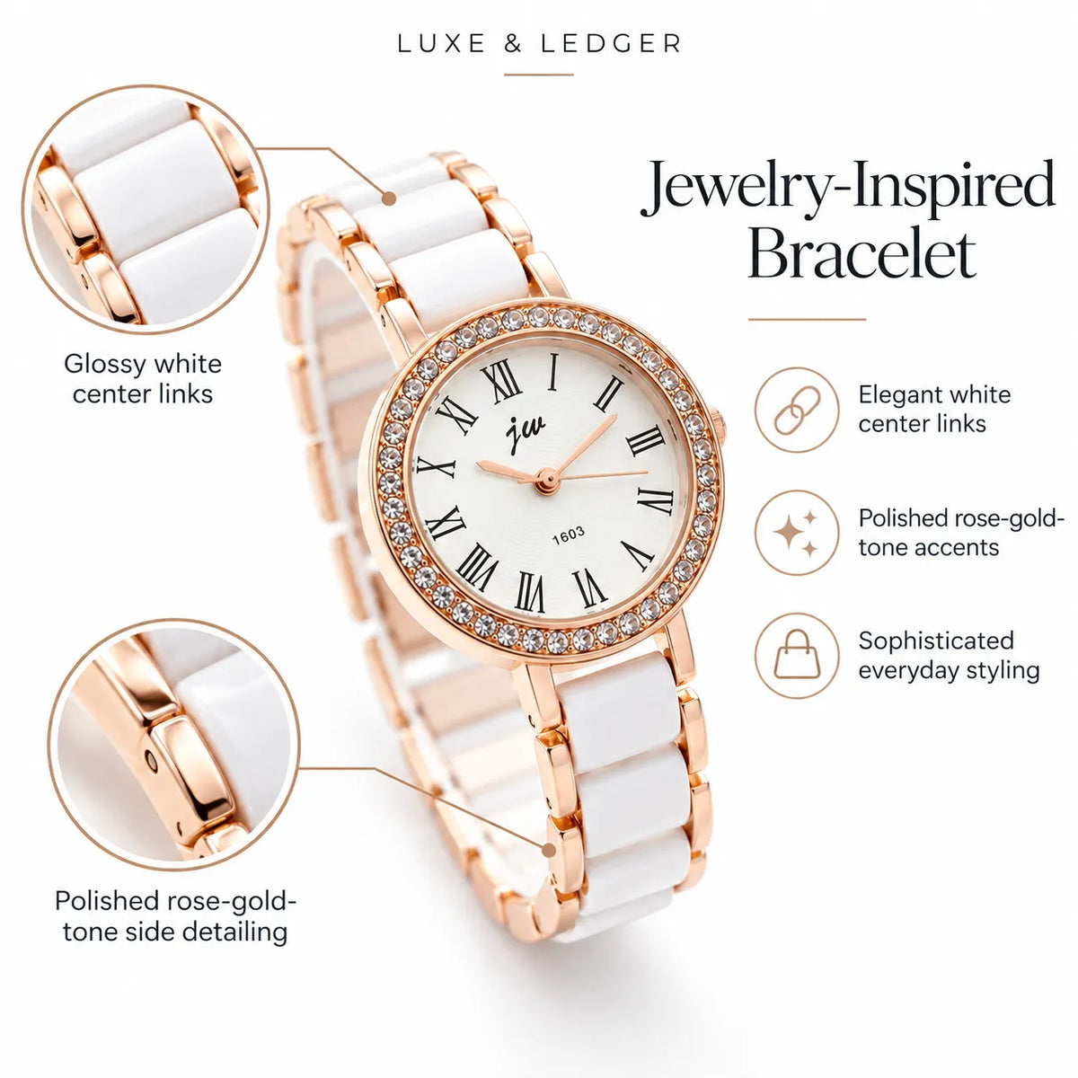 Luxe & Ledger jewelry-inspired bracelet watch with a glossy white ceramic link bracelet, rose gold case and accents, and a crystal-studded bezel. The image features close-up callouts of the white center links and rose gold side detailing, set against a clean white background with descriptive text.