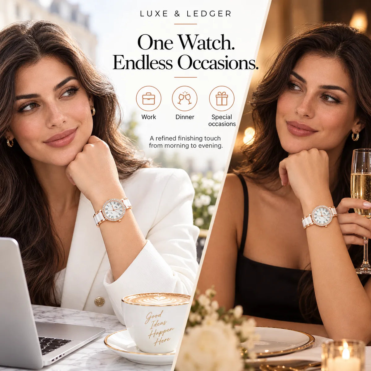 A split promotional lifestyle image showing a woman in a white blazer at left and a woman in a black top at right, both wearing a Luxe & Ledger watch. The center text reads 'One Watch.