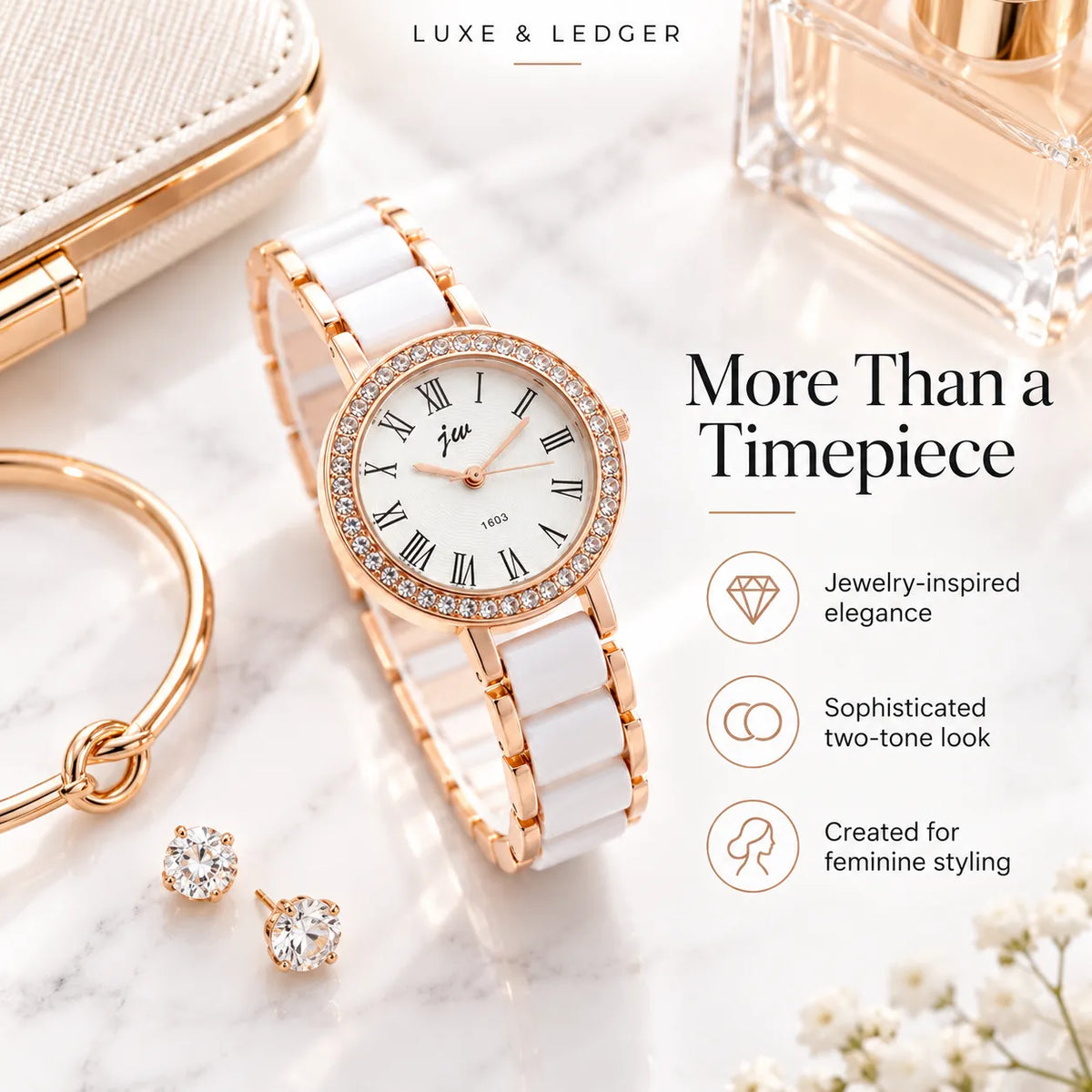 A luxury watch with a white ceramic link bracelet and a rose gold case accented with clear crystals, displayed on a white marble surface with jewelry props and promotional text.