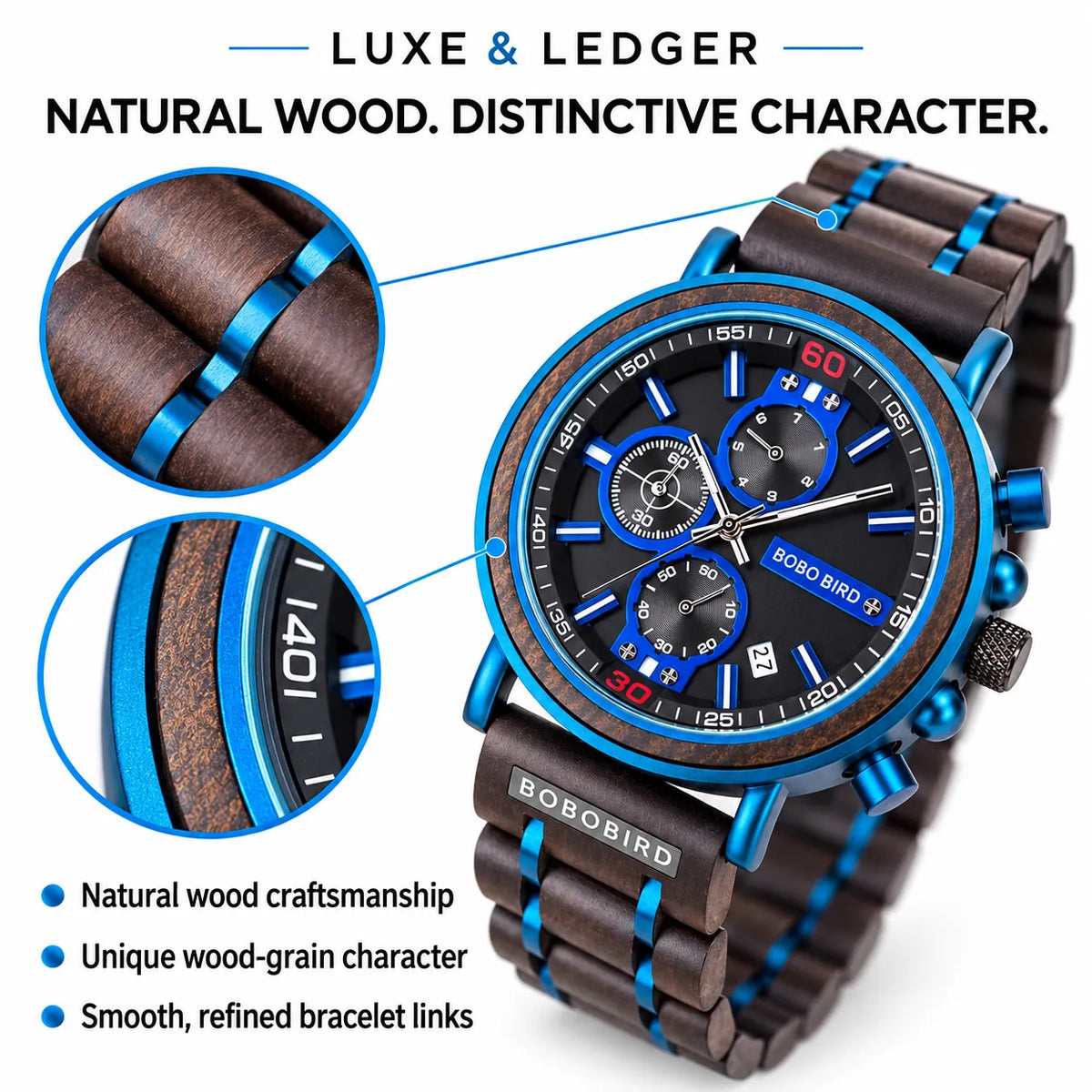 A Bobo Bird wristwatch with a dark brown wood grain bracelet and a blue-accented black dial, shown on a white background with feature callouts and circular detail insets.