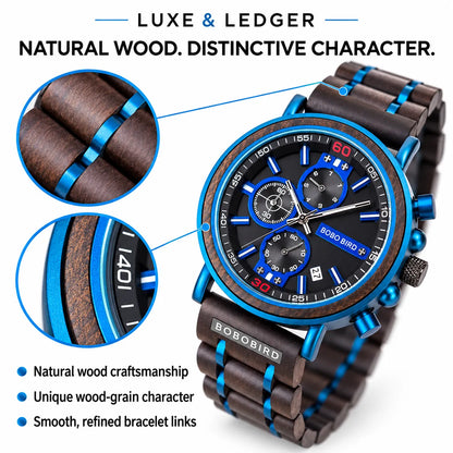 A Bobo Bird wristwatch with a dark brown wood grain bracelet and a blue-accented black dial, shown on a white background with feature callouts and circular detail insets.