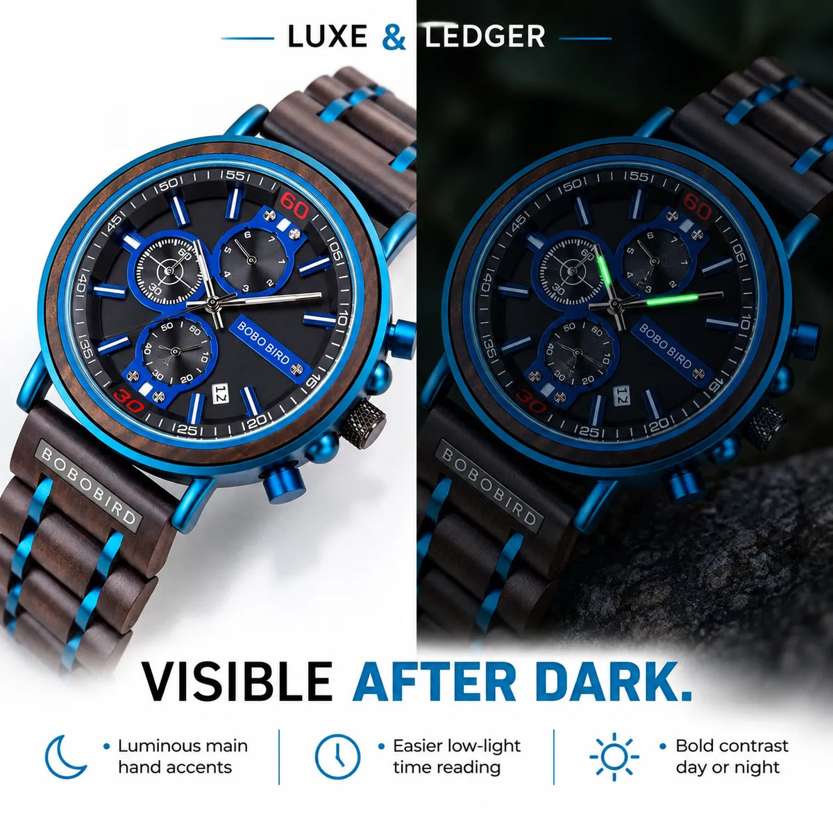 A split promotional image showing a BOBOIRD chronograph watch from two angles: a bright white view on the left and a dark view on the right. The watch has a blue bezel, black dial with blue subdials, and a brown wood-grain strap with bright blue accents.