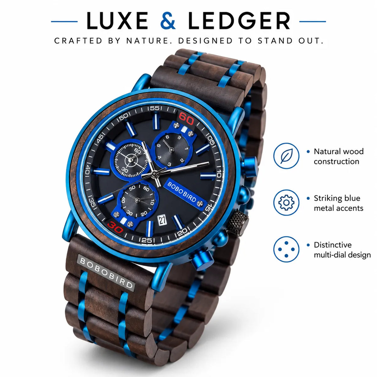 A Bobo Bird men's watch with a dark brown wood grain strap and case accents, featuring a blue bezel, blue sub-dials, and a black dial. The image includes marketing text and feature callouts on a white background.