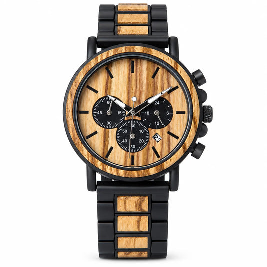A wristwatch with a round wood-grain dial and matching wood-and-black link bracelet, featuring black chronograph buttons and black subdials on a white background.
