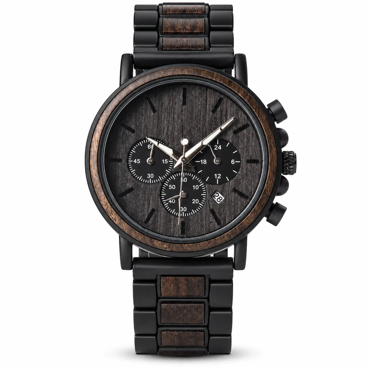 A men's chronograph wristwatch with a dark wood grain case and matching wood link strap, featuring a black dial with silver-tone hands and subdials.