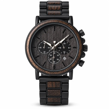 A men's chronograph wristwatch with a dark wood grain case and matching wood link strap, featuring a black dial with silver-tone hands and subdials.