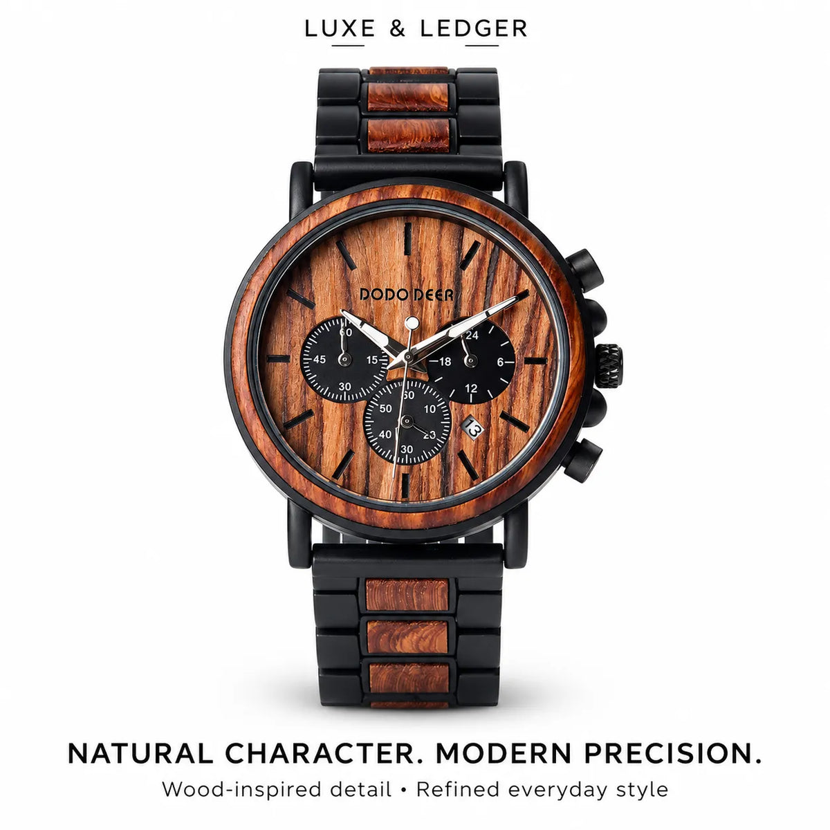 A luxury men's chronograph watch by Dodo Deer, featuring a round wood-grain dial and matching wood inlays on a black metal bracelet, set against a plain white background with promotional text.