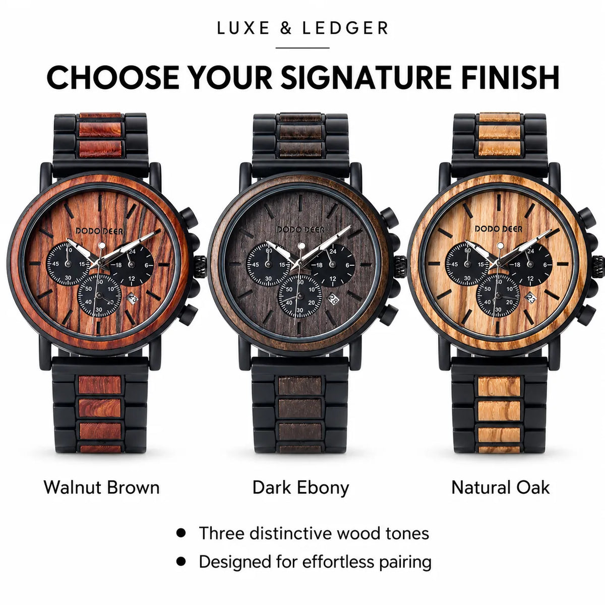 Three wooden chronograph watches with black bezels and black link bands are shown side by side on a white background under the heading 'CHOOSE YOUR SIGNATURE FINISH.' The dials are labeled Walnut Brown, Dark Ebony, and Natural Oak.