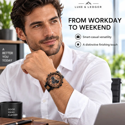 A man in a white dress shirt wearing a LUXE & LEDGER smart watch with a black strap and brown dial, sitting at a desk with a laptop and coffee mug in a bright office setting.