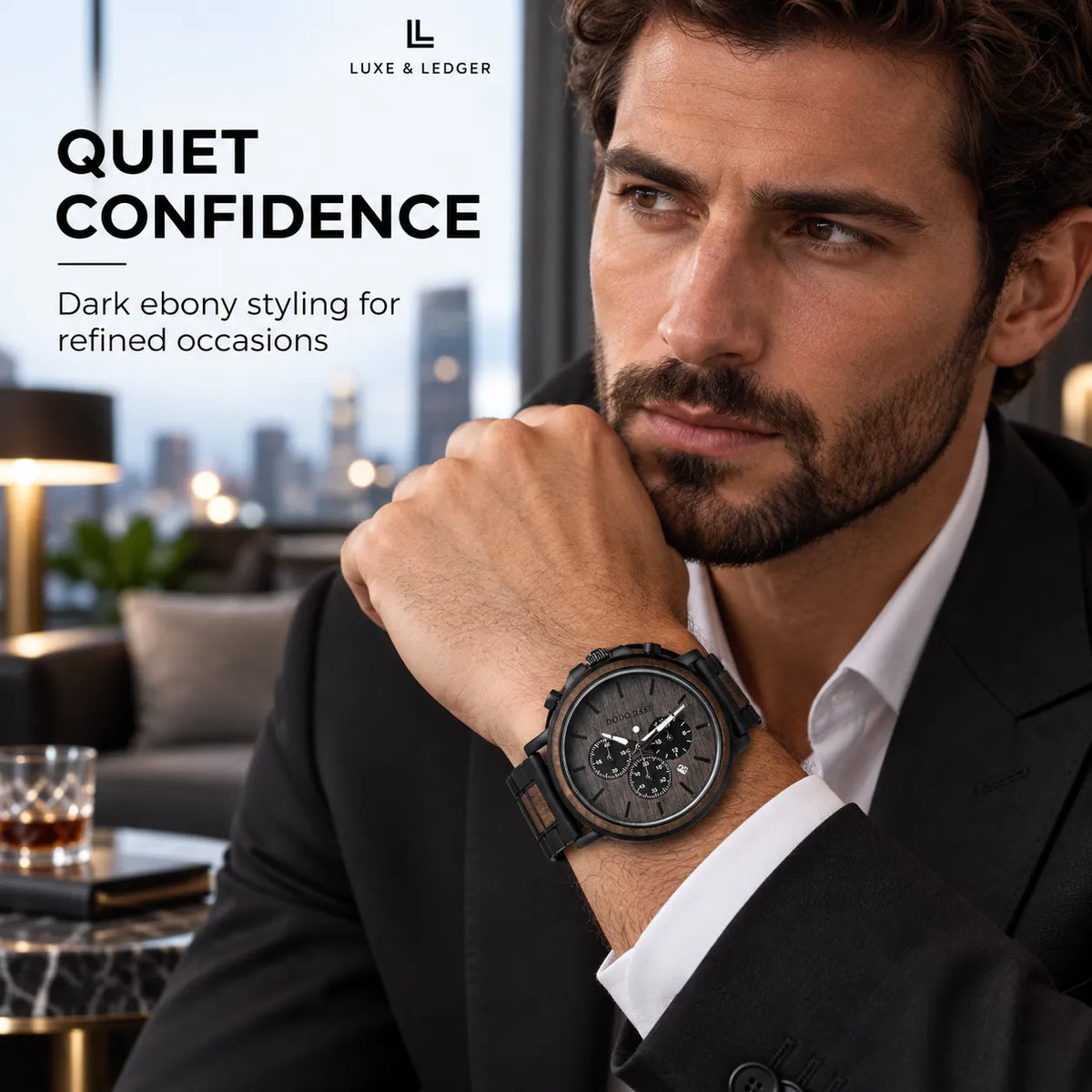 A man in a black suit and white shirt wears a dark ebony chronograph watch with a black dial and bezel. The image features a cityscape background and promotional text for Luxe & Ledger.
