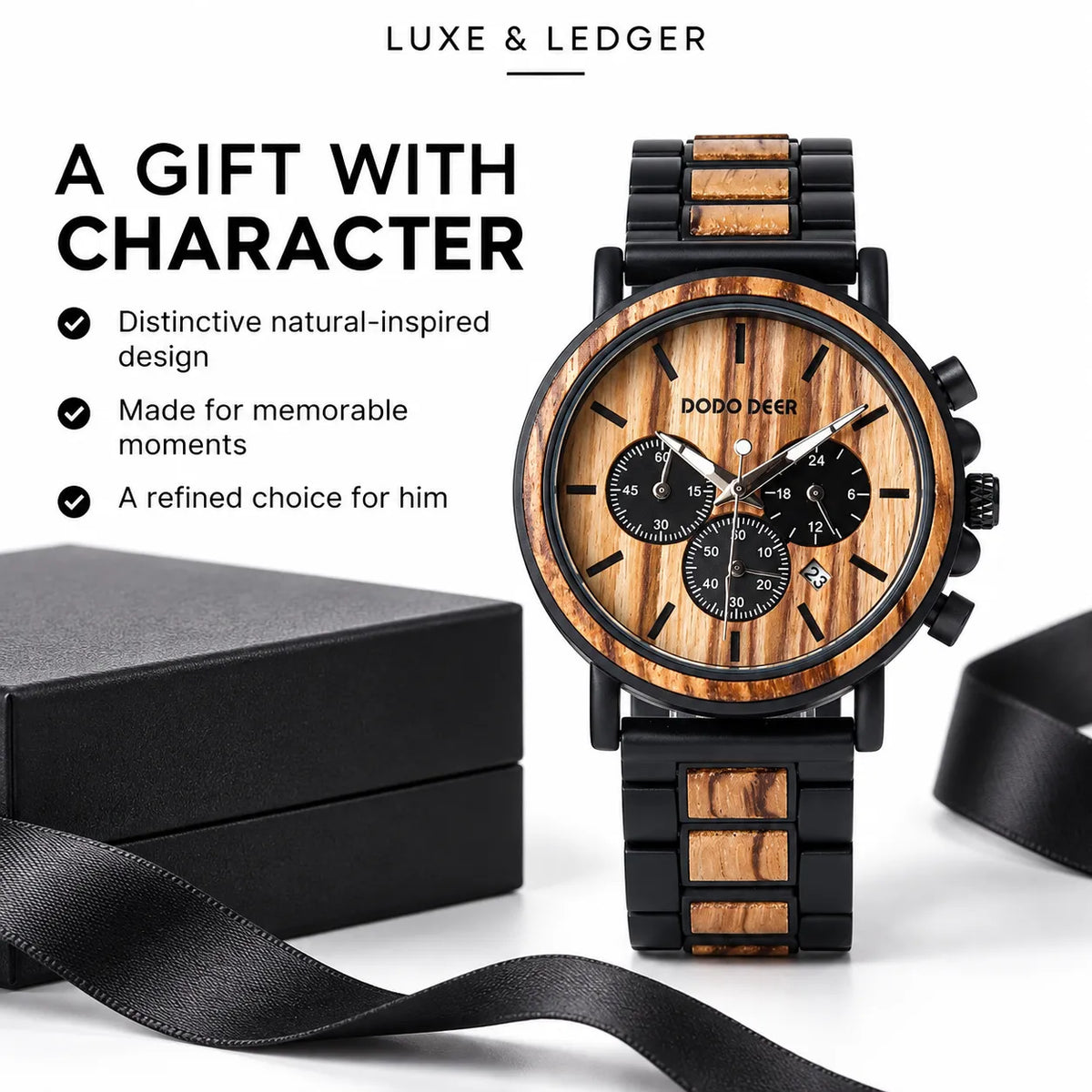 A Luxe & Ledger Dooo Beer men's chronograph watch with a natural wood grain bezel and matching wood link bracelet, shown alongside a black presentation box and black ribbon on a white background with promotional text.