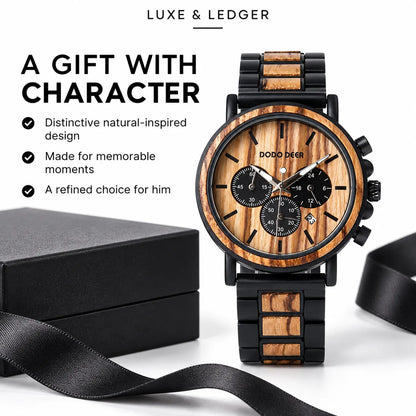 A Luxe & Ledger Dooo Beer men's chronograph watch with a natural wood grain bezel and matching wood link bracelet, shown alongside a black presentation box and black ribbon on a white background with promotional text.