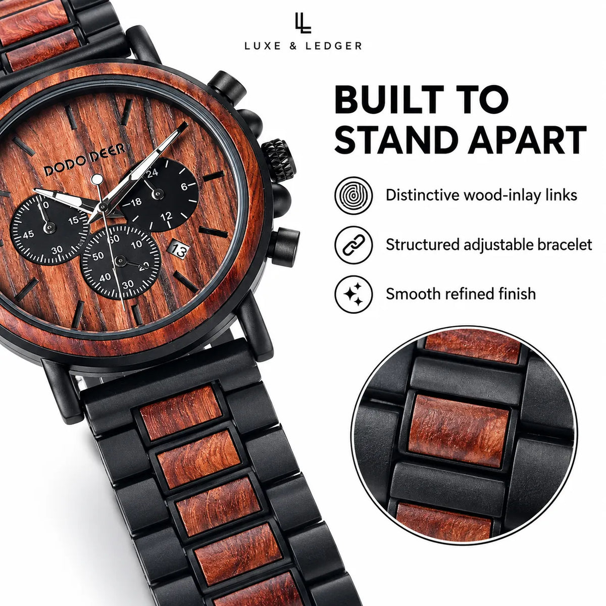 Luxe & Ledger Dodo Deer men's watch with a wood grain dial and matching wood inlay links on a black metal bracelet, shown on a white background with feature callouts and a circular close-up inset.