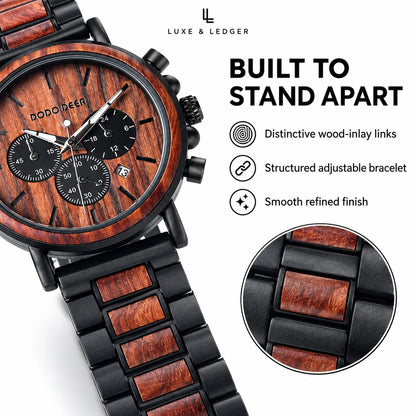 Luxe & Ledger Dodo Deer men's watch with a wood grain dial and matching wood inlay links on a black metal bracelet, shown on a white background with feature callouts and a circular close-up inset.
