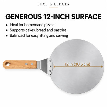 A 12-inch round pizza peel with a light brown wooden handle and a silver metal blade, shown on a white background with text highlighting its generous surface area and dimension.