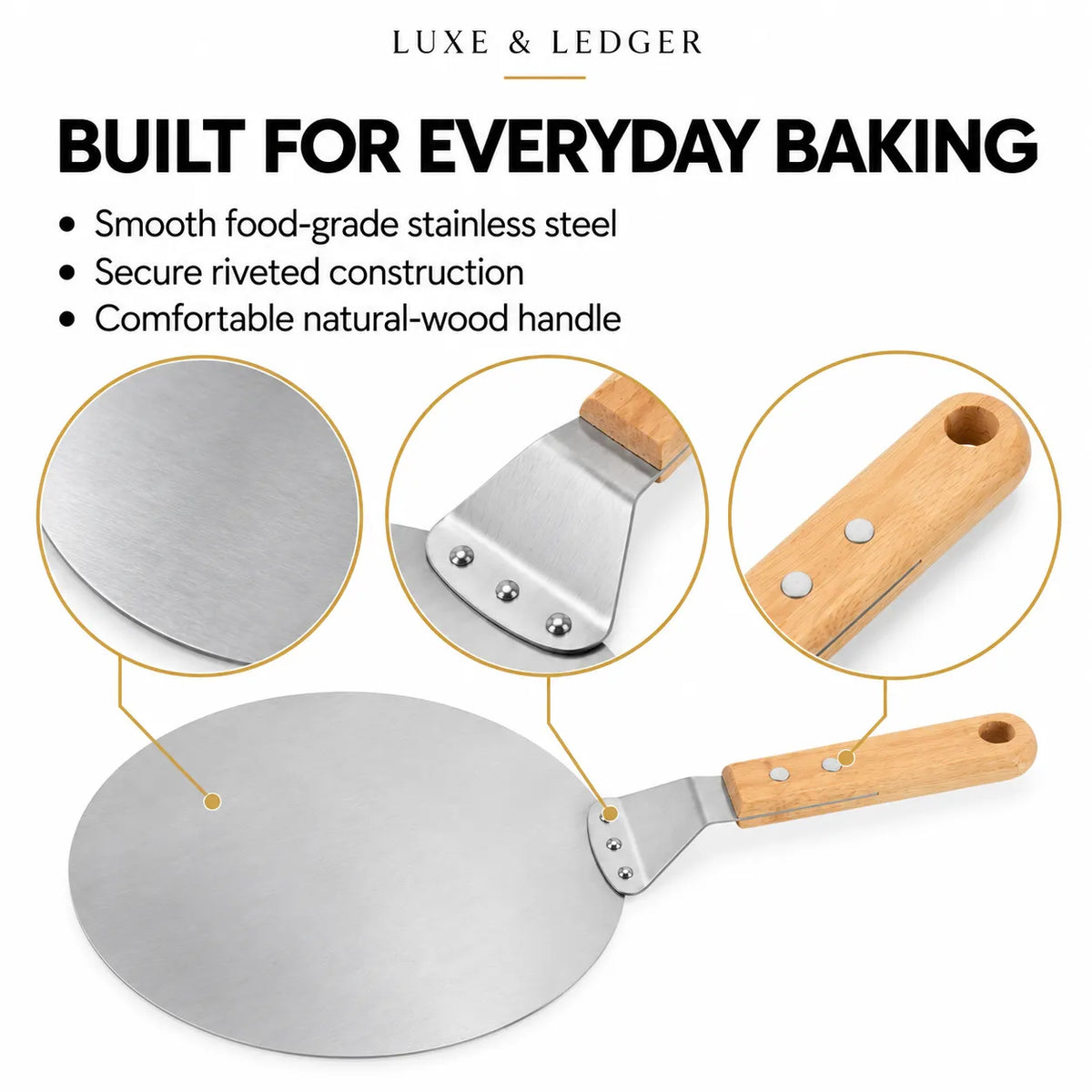 Luxe & Ledger stainless steel pizza peel with a natural wood handle, shown on a white background with marketing text and three circular detail callouts highlighting the steel surface, riveted construction, and wood handle.