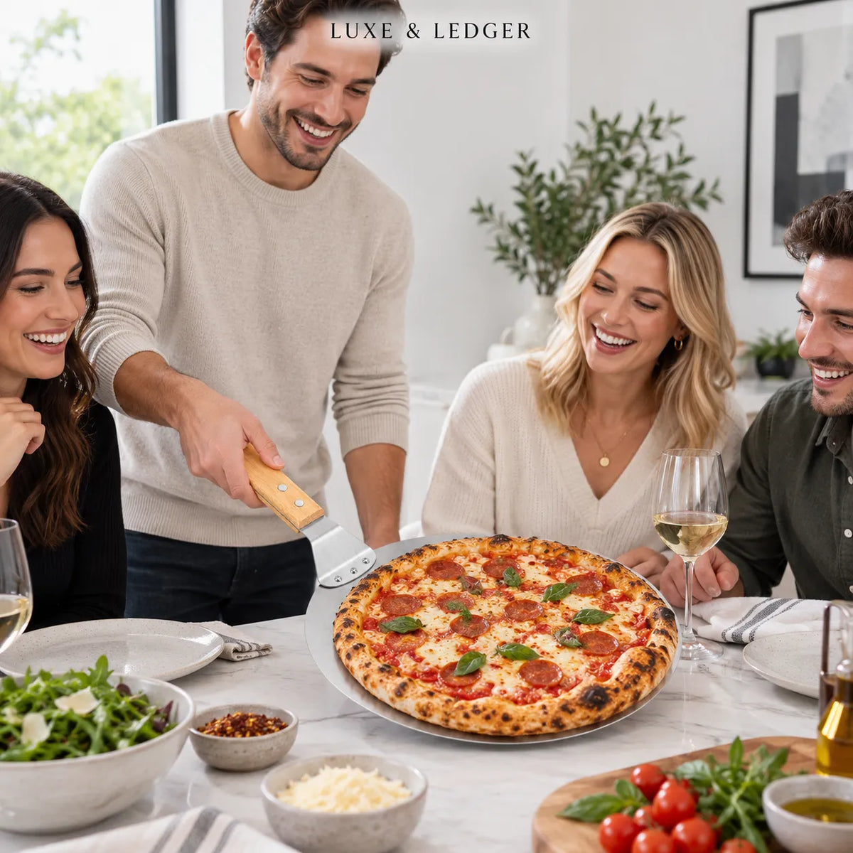 A group of four friends gathered around a freshly baked pepperoni and mushroom pizza on a marble table, with one man sliding a slice with a wooden pizza cutter. The scene is set in a bright, modern kitchen with the brand name 'LUXE & LEDGER' displayed at the top.
