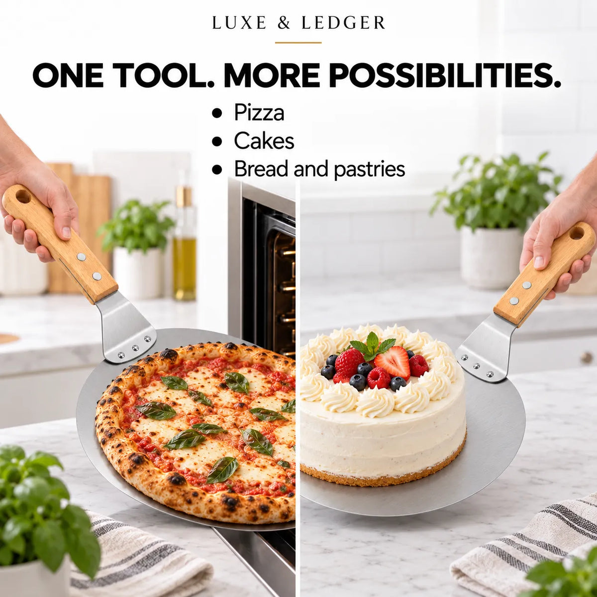 A split-screen lifestyle image showing a single pizza peel being used to lift a pizza on the left and a frosted cake on the right. The image includes the brand name 'LUXE & LEDGER' and marketing text 'ONE TOOL.