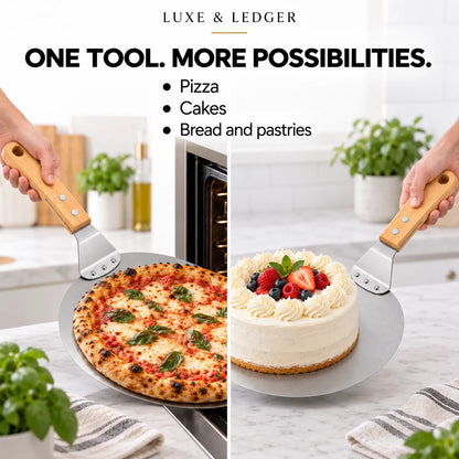 A split-screen lifestyle image showing a single pizza peel being used to lift a pizza on the left and a frosted cake on the right. The image includes the brand name 'LUXE & LEDGER' and marketing text 'ONE TOOL.