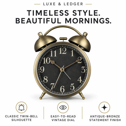An antique bronze twin-bell alarm clock with a black face and gold-toned hands, centered on a white background with promotional text above and feature icons below.