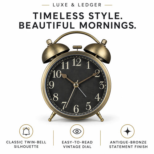 An antique bronze twin-bell alarm clock with a black face and gold-toned hands, centered on a white background with promotional text above and feature icons below.