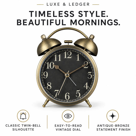 An antique bronze twin-bell alarm clock with a black face and gold-toned hands, centered on a white background with promotional text above and feature icons below.
