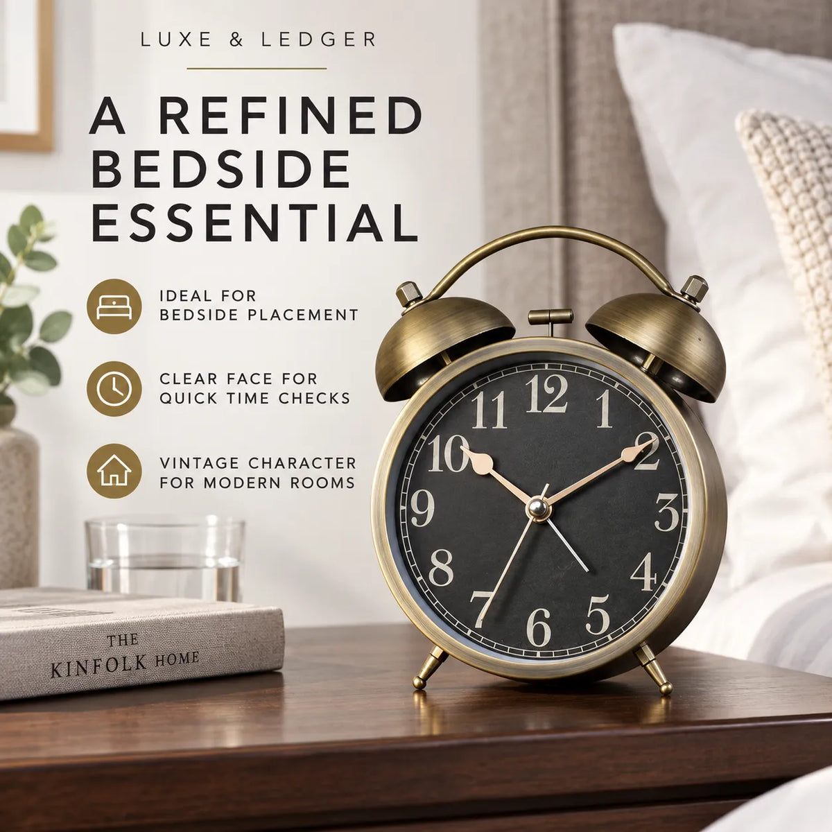 A vintage-style brass bedside alarm clock with a black face and gold-tone numerals, shown on a wooden table in a bedroom setting with promotional text on the left.