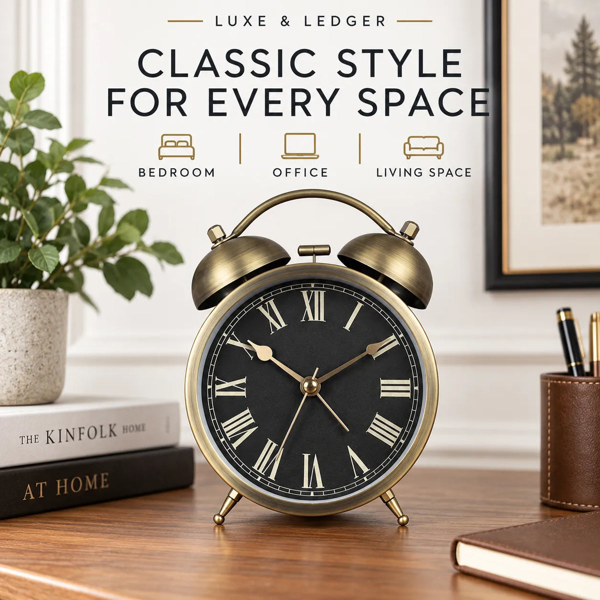 A classic-style twin-bell alarm clock with a brass-gold metal body and a black face with Roman numerals, displayed on a wooden desk in a styled home office setting. The background features a white wall with decorative text reading 'LUXE & LEDGER CLASSIC STYLE FOR EVERY SPACE' and icons for bedroom, office, and living space.