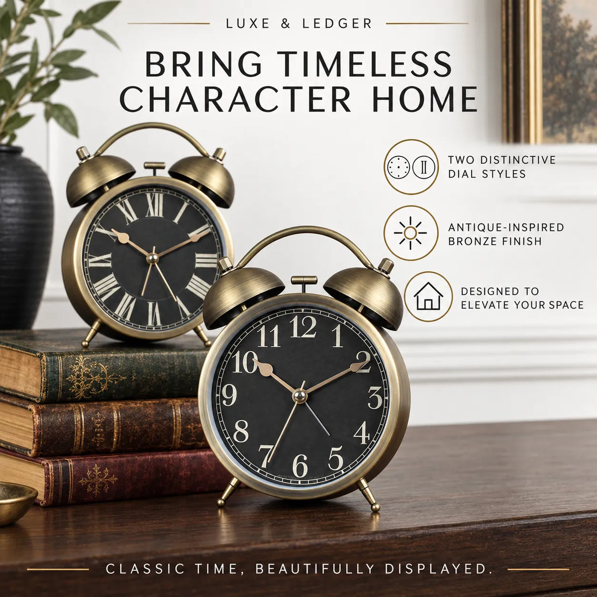 Two vintage-style bronze alarm clocks with black faces and Roman numerals displayed on a wooden table, with one resting on stacked books. The image includes marketing text and icons describing the clocks' features.