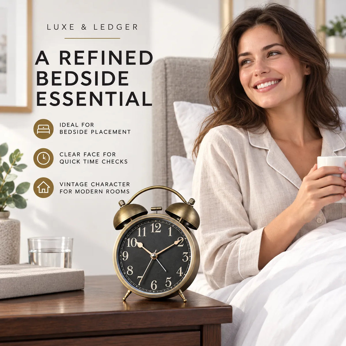 A woman in a bedroom sits in bed holding a mug beside a vintage-style brass alarm clock on a wooden bedside table. Text on the left reads 'LUXE & LEDGER' and 'A REFINED BEDSIDE ESSENTIAL' with feature callouts.