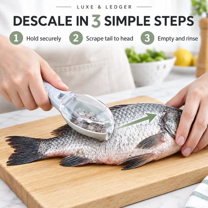 A fish descaler tool being used to scrape a whole fish on a wooden cutting board, with instructional text at the top reading 'DESCALE IN 3 SIMPLE STEPS' and numbered steps.