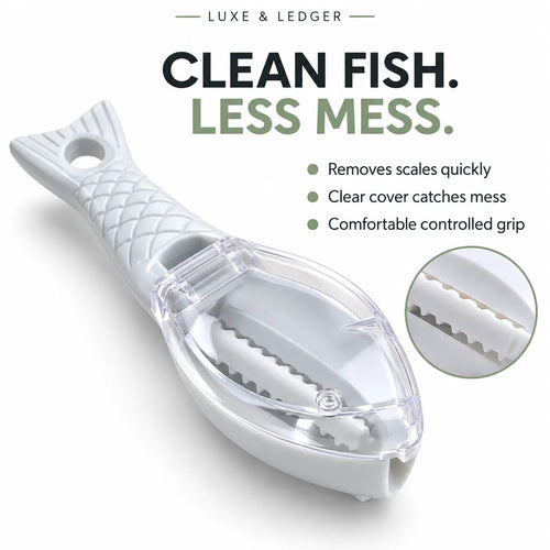 A fish-shaped fish cleaner tool with a white textured handle and clear plastic cover, shown on a white background with marketing text and a circular inset detail view. The text reads 'CLEAN FISH.