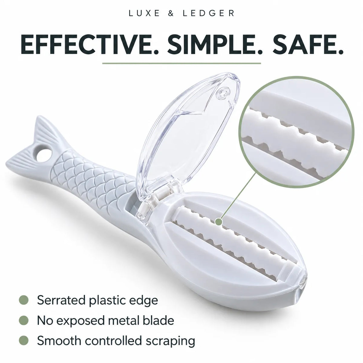 A white fish-shaped scraping tool with a clear hinged lid, shown open on a white background with marketing text and a circular inset highlighting the serrated plastic edge.