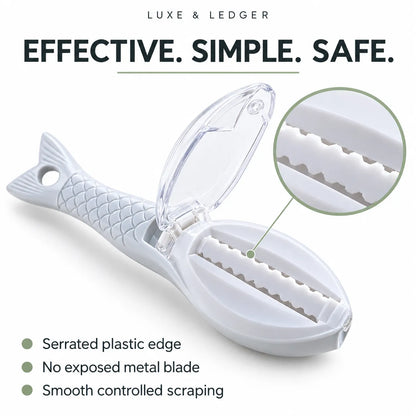 A white fish-shaped scraping tool with a clear hinged lid, shown open on a white background with marketing text and a circular inset highlighting the serrated plastic edge.
