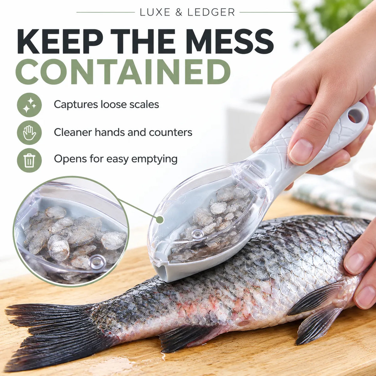 A hand holds a clear and gray fish-shaped cleaning tool over a whole raw fish on a wooden cutting board, with text reading 'KEEP THE MESS CONTAINED' and feature callouts about capturing loose scales, cleaner hands, and easy emptying.