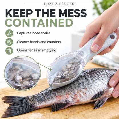 A hand holds a clear and gray fish-shaped cleaning tool over a whole raw fish on a wooden cutting board, with text reading 'KEEP THE MESS CONTAINED' and feature callouts about capturing loose scales, cleaner hands, and easy emptying.