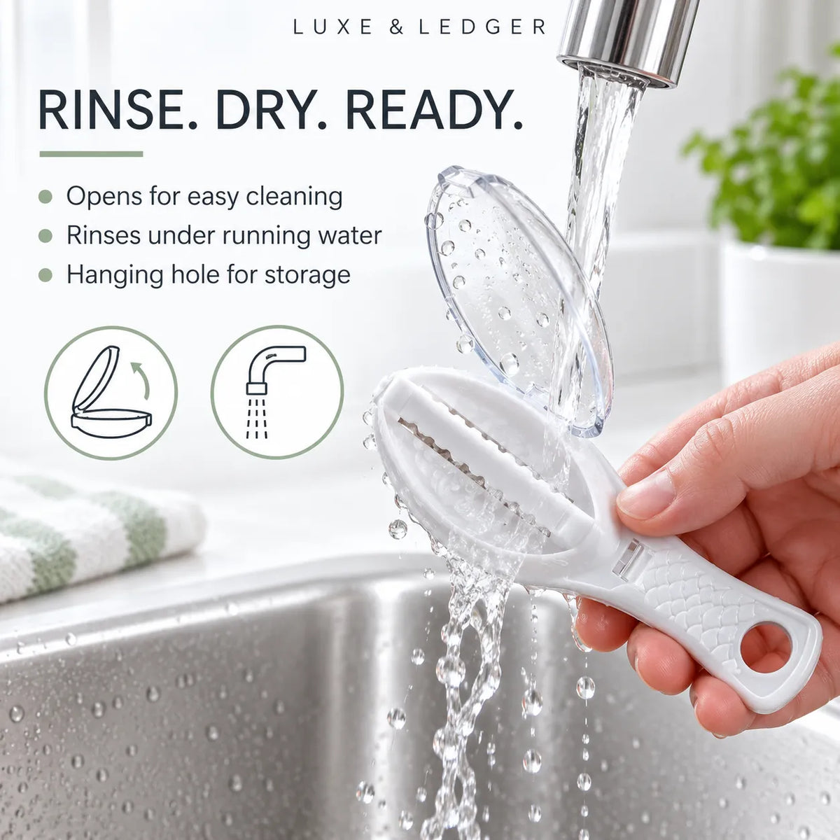 A hand holds a white peeler under running water in a kitchen sink, with a clear lid resting above it. Text at the top reads 'LUXE & LEDGER' and 'RINSE.