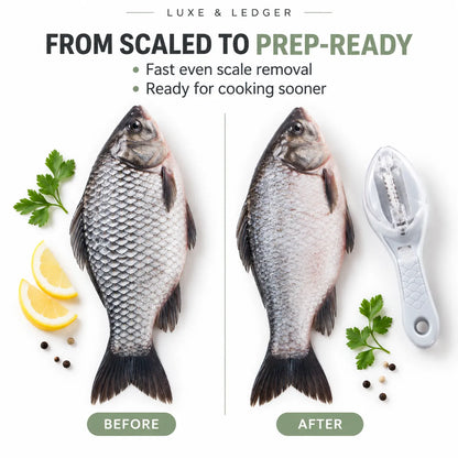 A product comparison graphic for a fish scale-removal tool by Luxe & Ledger. It shows two whole fish side by side labeled BEFORE and AFTER, with lemon slices, parsley, and peppercorns around them.