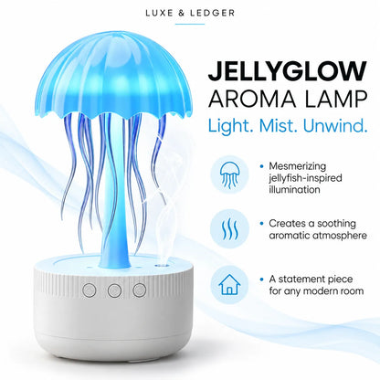 A jellyfish-shaped aroma lamp by Luxe & Ledger, featuring a translucent blue glowing jelly cap and tentacles on a white cylindrical base, with marketing text and feature icons on a white background.