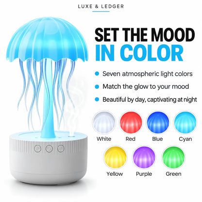 A jellyfish-shaped LED night light with a white cylindrical base and glowing blue translucent tentacles, shown on a white background with marketing text and color options. The top reads 'LUXE & LEDGER,' and the right side includes the headline 'SET THE MOOD IN COLOR' and small circular color swatches labeled White, Red, Blue, Cyan, Yellow, Purple, and Green.