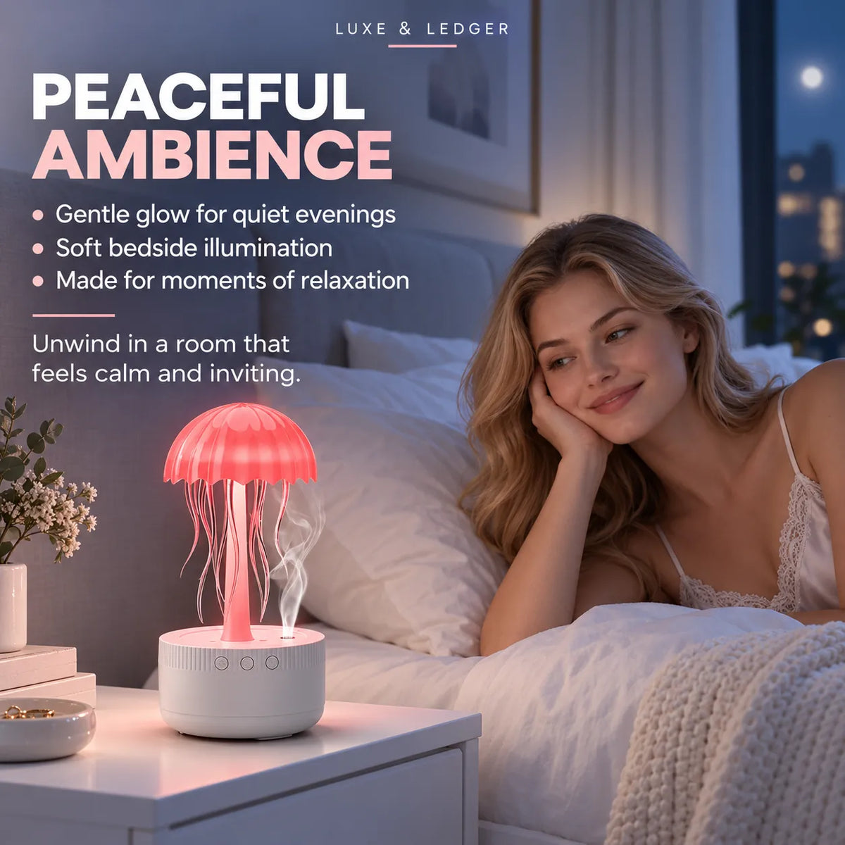 A woman rests in bed next to a bedside table with a glowing pink jellyfish-shaped lamp. Text on the image reads 'PEACEFUL AMBIENCE' with descriptive bullet points, and 'LUXE & LEDGER' appears at the top.