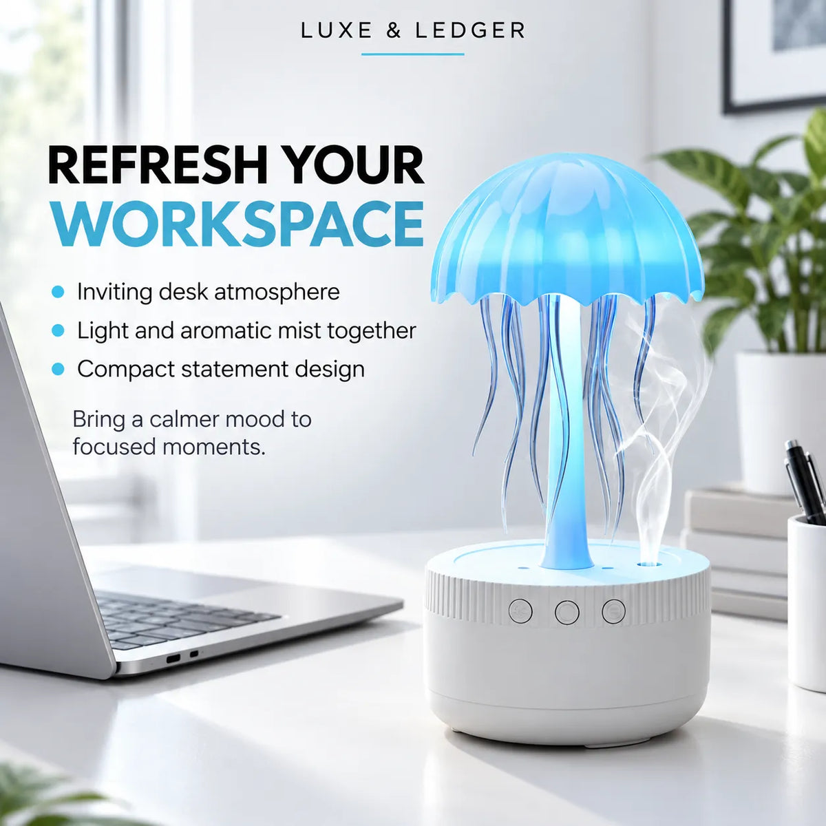 A jellyfish-shaped desk lamp with a glowing blue translucent cap and hanging tentacles, sitting on a white cylindrical base on a desk. The scene includes promotional text reading 'REFRESH YOUR WORKSPACE' and 'LUXE & LEDGER,' with a laptop, books, and a plant in the background.