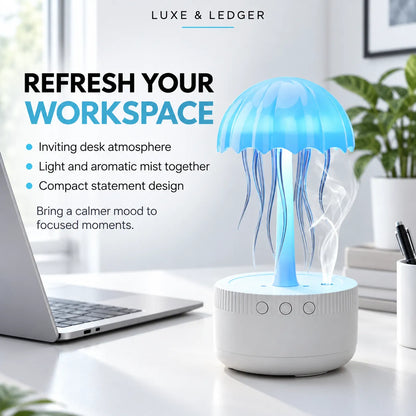 A jellyfish-shaped desk lamp with a glowing blue translucent cap and hanging tentacles, sitting on a white cylindrical base on a desk. The scene includes promotional text reading 'REFRESH YOUR WORKSPACE' and 'LUXE & LEDGER,' with a laptop, books, and a plant in the background.