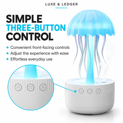 A white diffuser shaped like a glowing jellyfish with blue LED lighting, shown on a white background with marketing text and a circular inset highlighting the three-button control panel. Brand text 'LUXE & LEDGER' appears at the top.