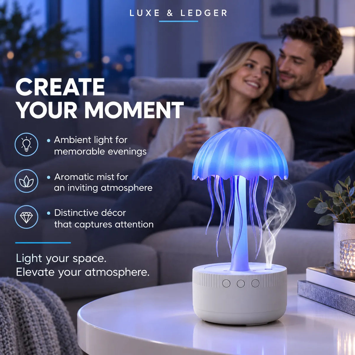 A jellyfish-shaped LED ambient light on a round white base, glowing with blue and purple light and emitting mist, shown on a white table in a cozy living room setting with a couple in the background. Text on the left reads 'LUXE & LEDGER CREATE YOUR MOMENT'.