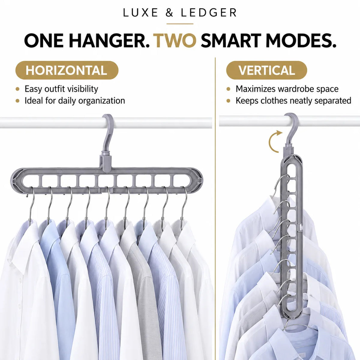 A promotional graphic for a multi-hanger garment hanger showing two modes: horizontal for outfit visibility and vertical for maximizing wardrobe space. The hanger is gray and shown holding multiple white and light blue dress shirts.