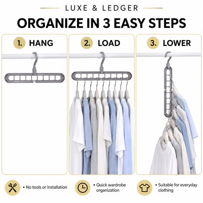 An infographic titled 'LUXE & LEDGER ORGANIZE IN 3 EASY STEPS' shows a gray expandable hanging rod organizer in use on a white rod. Step 1 shows the empty organizer hanging, step 2 shows it holding multiple white and light blue shirts, and step 3 shows it fully extended with more clothes.
